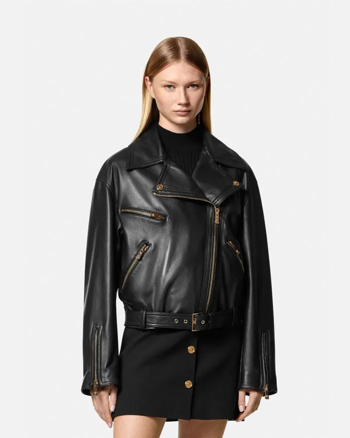 Leather Biker Jacket Black Women Versace Outerwear and Coats