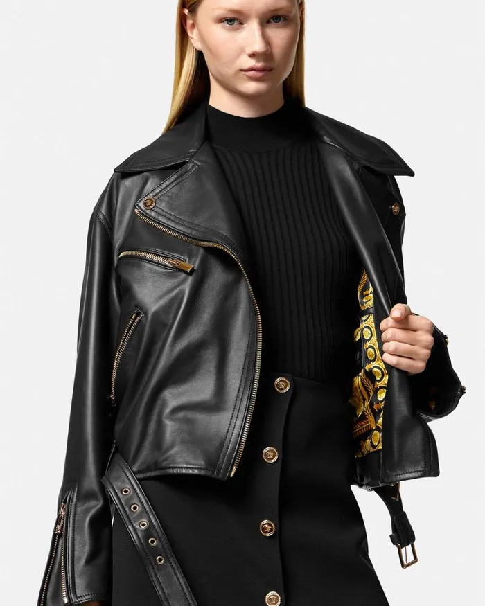 Leather Biker Jacket Black Women Versace Outerwear and Coats