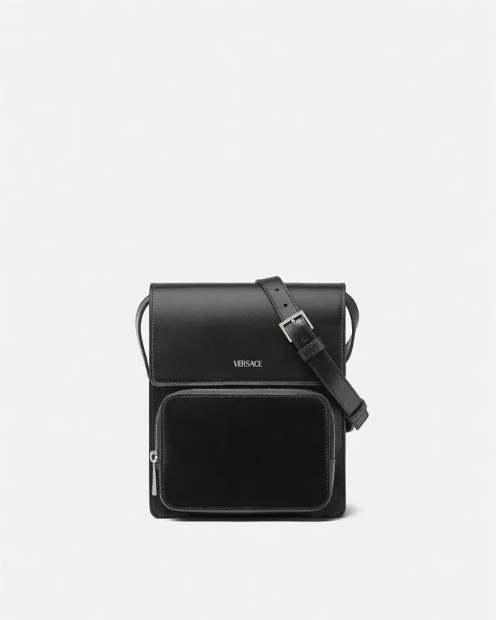 Leather Crossbody Cargo Bag Blacksilver Men Versace Crossbody and Messengers