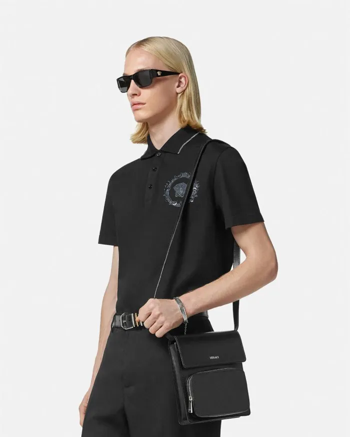 Leather Crossbody Cargo Bag Blacksilver Men Versace Crossbody and Messengers