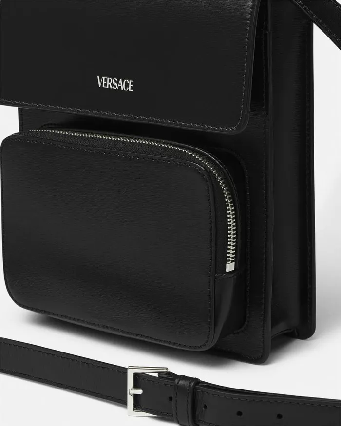 Leather Crossbody Cargo Bag Blacksilver Men Versace Crossbody and Messengers