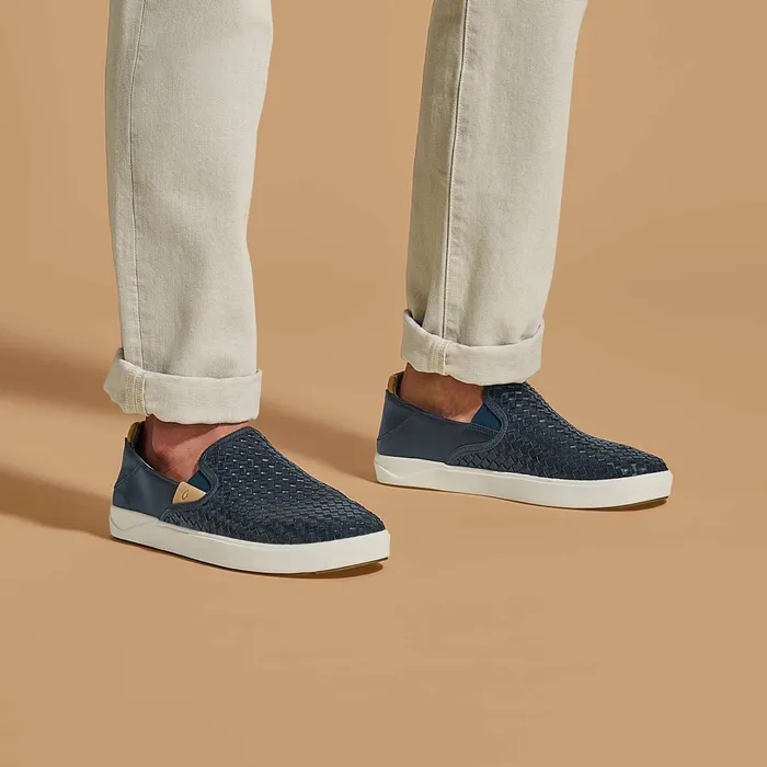 Leather Men Olukai Laeahi Lauhala Leather SlipOns 8211 Trench Blue