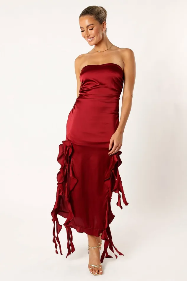 Lee Strapless Midi Dress Wine Women Strapless Dresses Petal and Pup