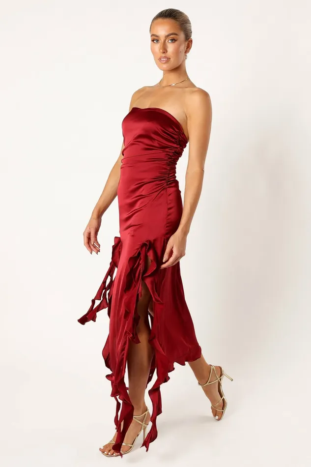 Lee Strapless Midi Dress Wine Women Strapless Dresses Petal and Pup