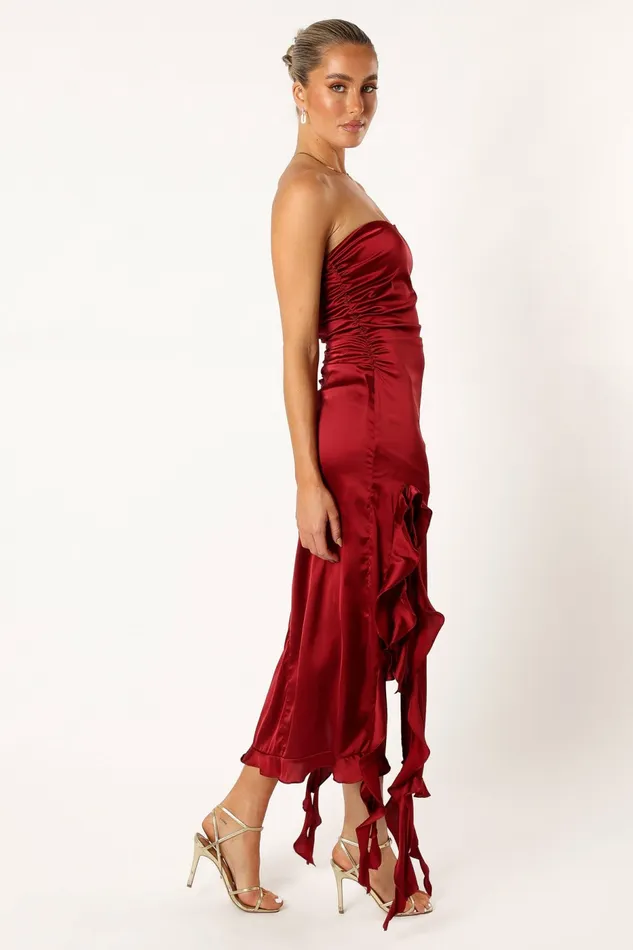 Lee Strapless Midi Dress Wine Women Strapless Dresses Petal and Pup