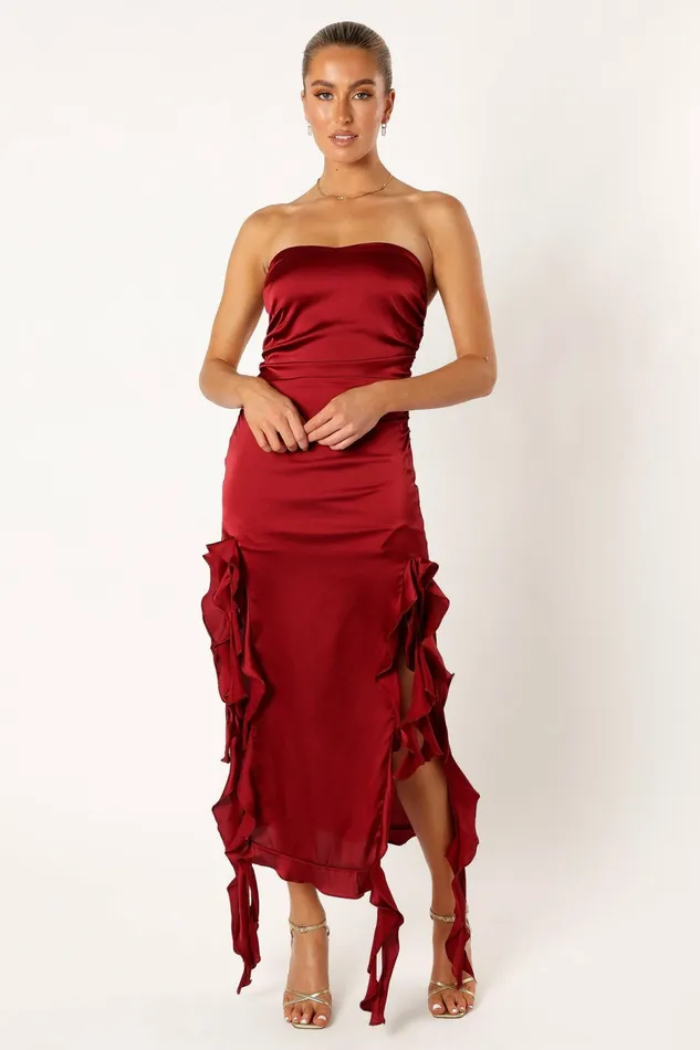 Lee Strapless Midi Dress Wine Women Strapless Dresses Petal and Pup