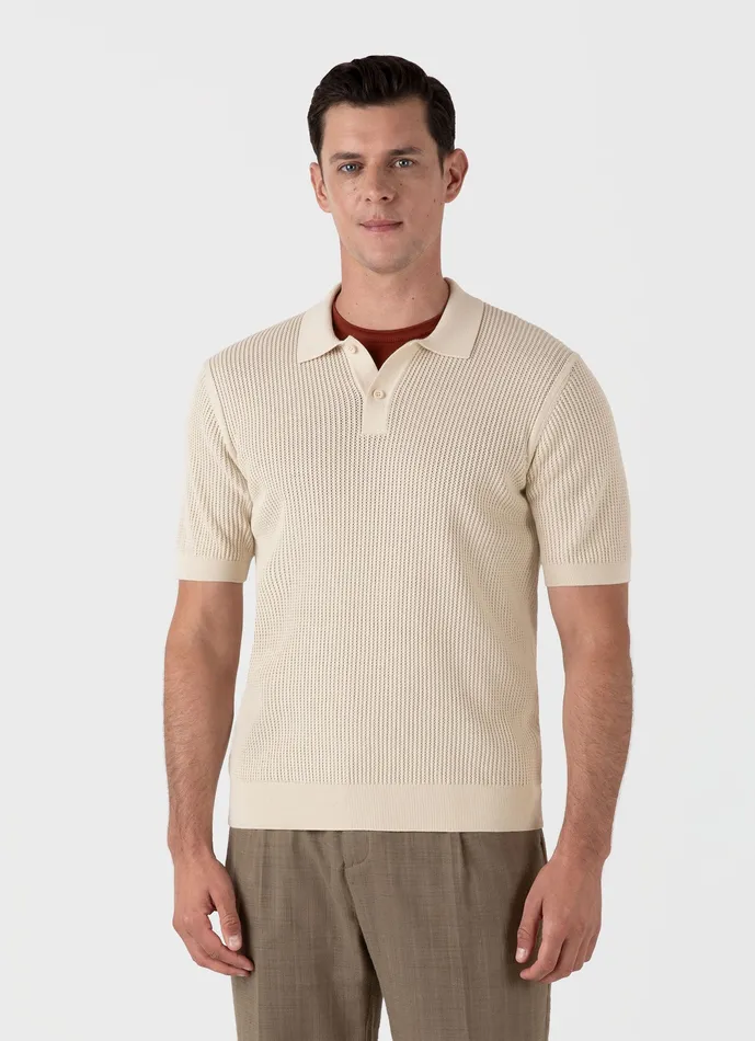 Linear Mesh Knit Polo Shirt Ecru Men Knitwear ussunspel Linear Mesh Knit Polo Shirt Ecru Men Knitwear ussunspel