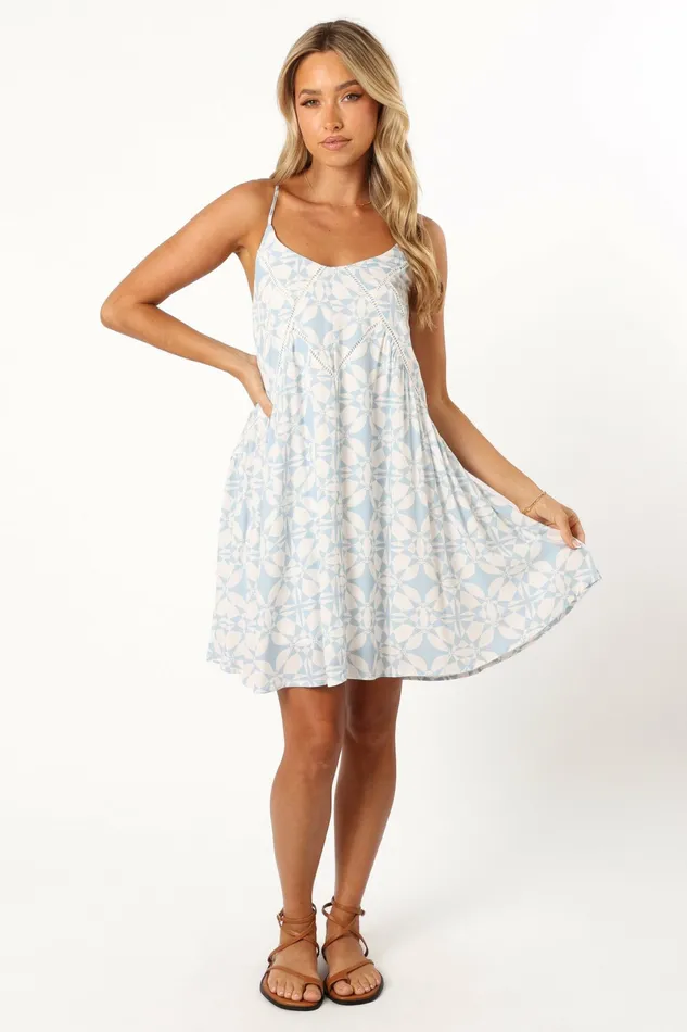 Linen Dresses Allie Mini Dress Blue Cream 8211 Petal and Pup Women