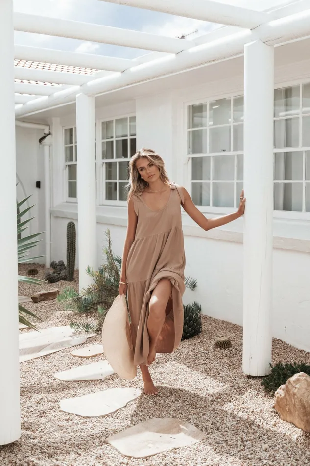 Linen Dresses Women Marcy Midi Dress Mocha Petal and Pup