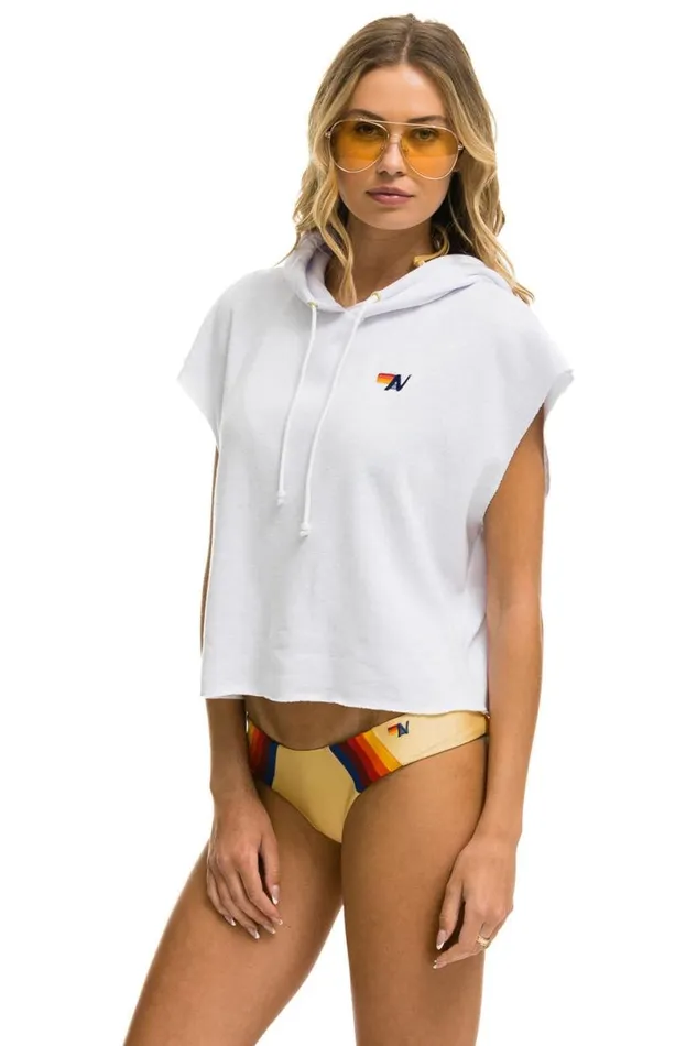 Logo Embroidery Sleeveless Relaxed Cropped Pullover Hoodie 8211 White Women Aviator Nation Hoodies