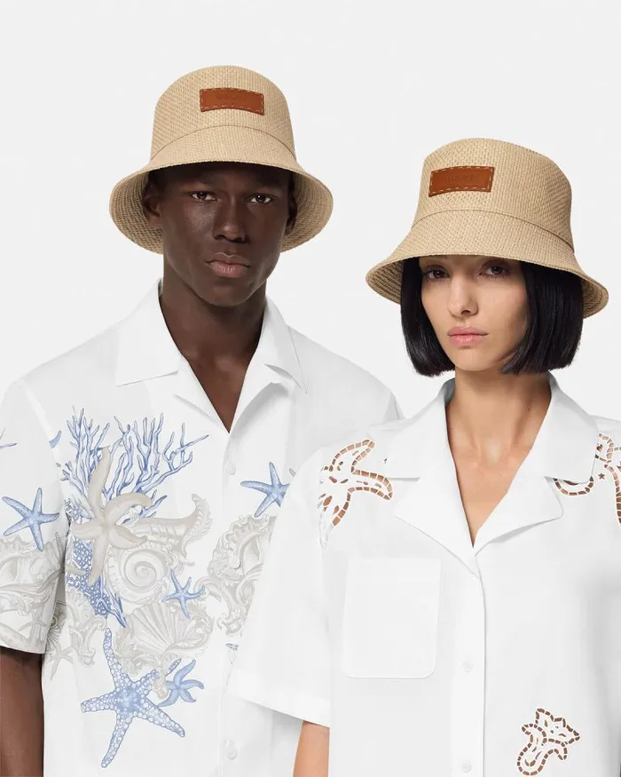 Logo Raffia Bucket Hat Beige WomenMen Versace Hats and Caps