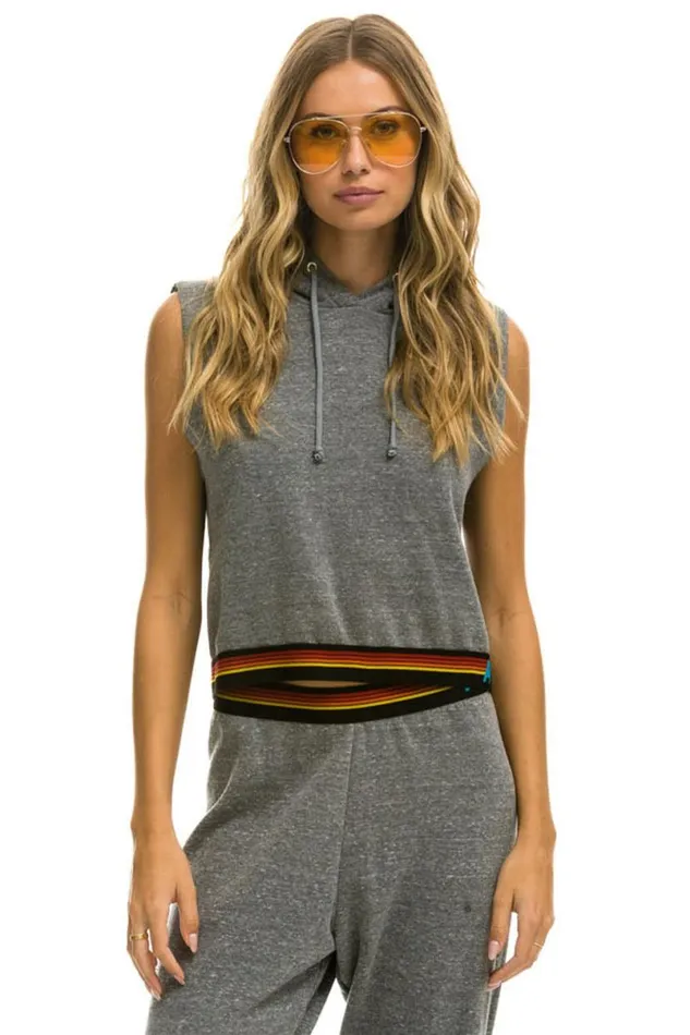 Logo Stripe Sleeveless Crop Pullover Hoodie 8211 Heather Grey Women Aviator Nation Hoodies Logo Stripe Sleeveless Crop Pullover Hoodie 8211 Heather Grey Women Aviator Nation Hoodies