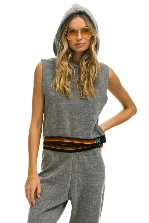 Logo Stripe Sleeveless Crop Pullover Hoodie 8211 Heather Grey Women Aviator Nation Hoodies