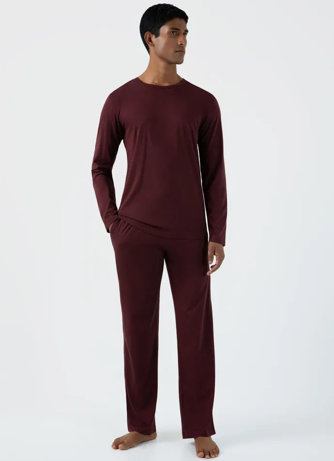 Long Sleeve Cotton Modal Lounge Tshirt Maroon Men SUNSPEL Loungewear and Sleepwear