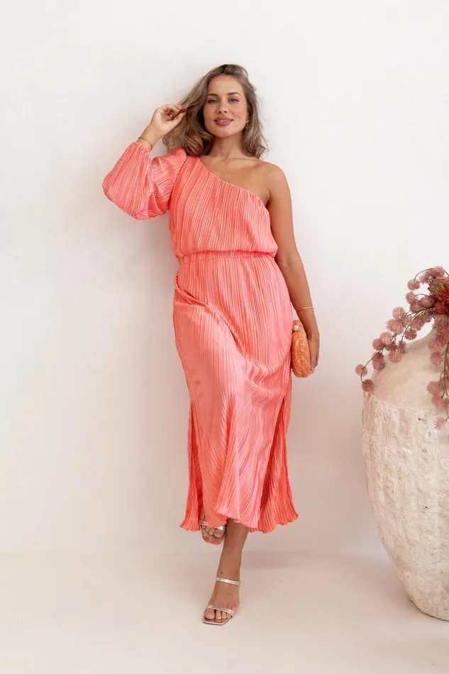 Long Sleeve Dresses Pontee One Shoulder Pleated Midi Dress Coral 8211 Petal and Pup Women