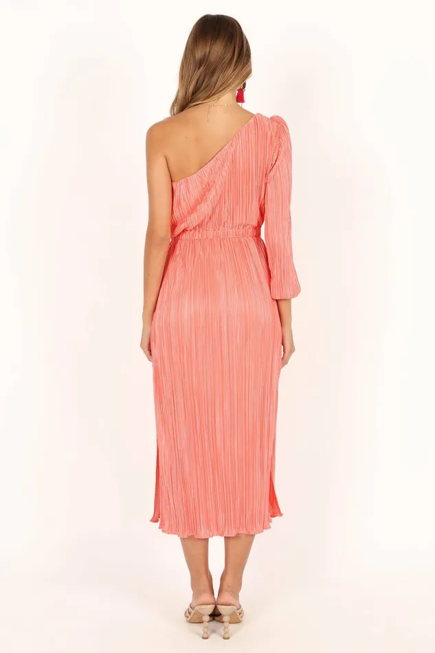 Long Sleeve Dresses Pontee One Shoulder Pleated Midi Dress Coral 8211 Petal and Pup Women