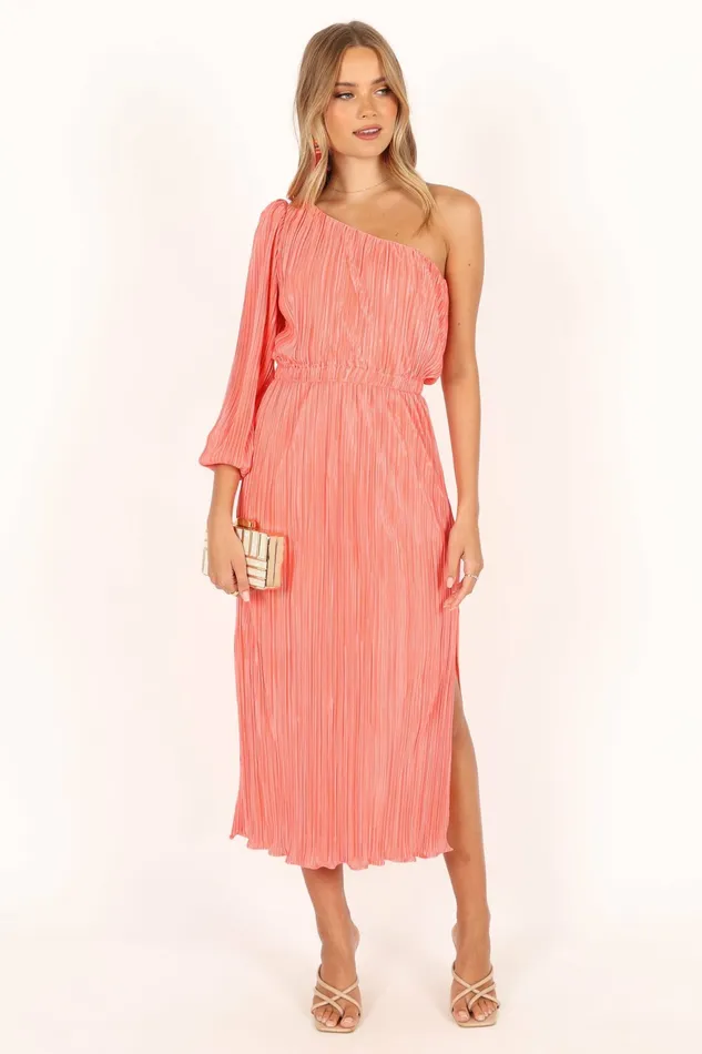 Long Sleeve Dresses Pontee One Shoulder Pleated Midi Dress Coral 8211 Petal and Pup Women