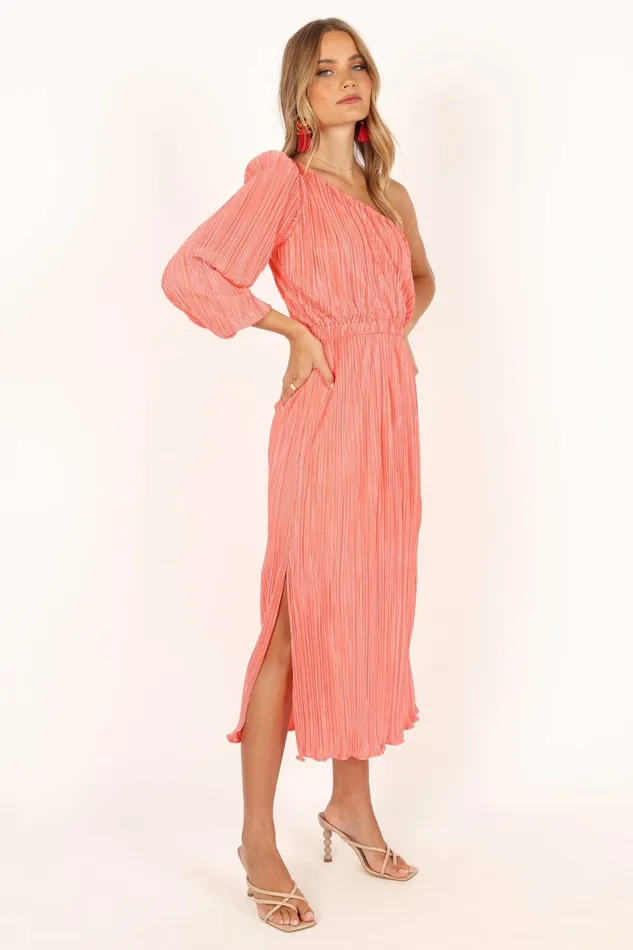 Long Sleeve Dresses Pontee One Shoulder Pleated Midi Dress Coral 8211 Petal and Pup Women