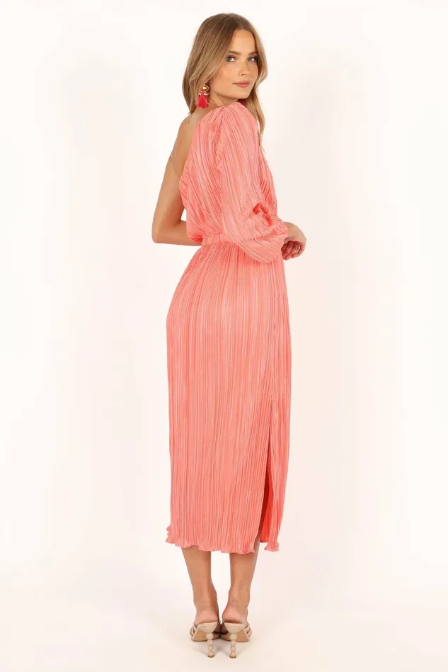 Long Sleeve Dresses Pontee One Shoulder Pleated Midi Dress Coral 8211 Petal and Pup Women