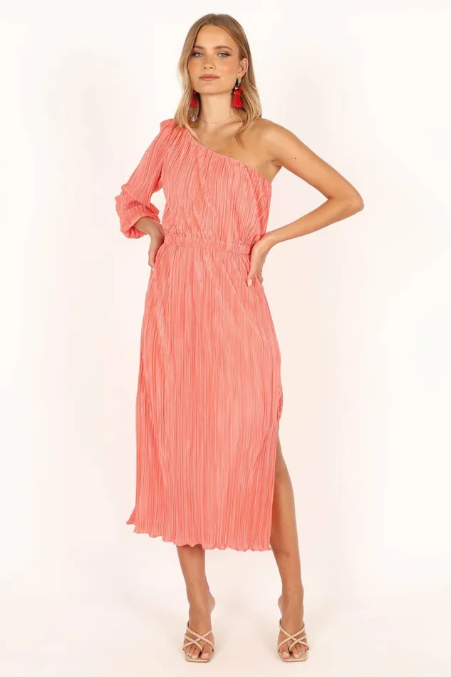 Long Sleeve Dresses Pontee One Shoulder Pleated Midi Dress Coral 8211 Petal and Pup Women