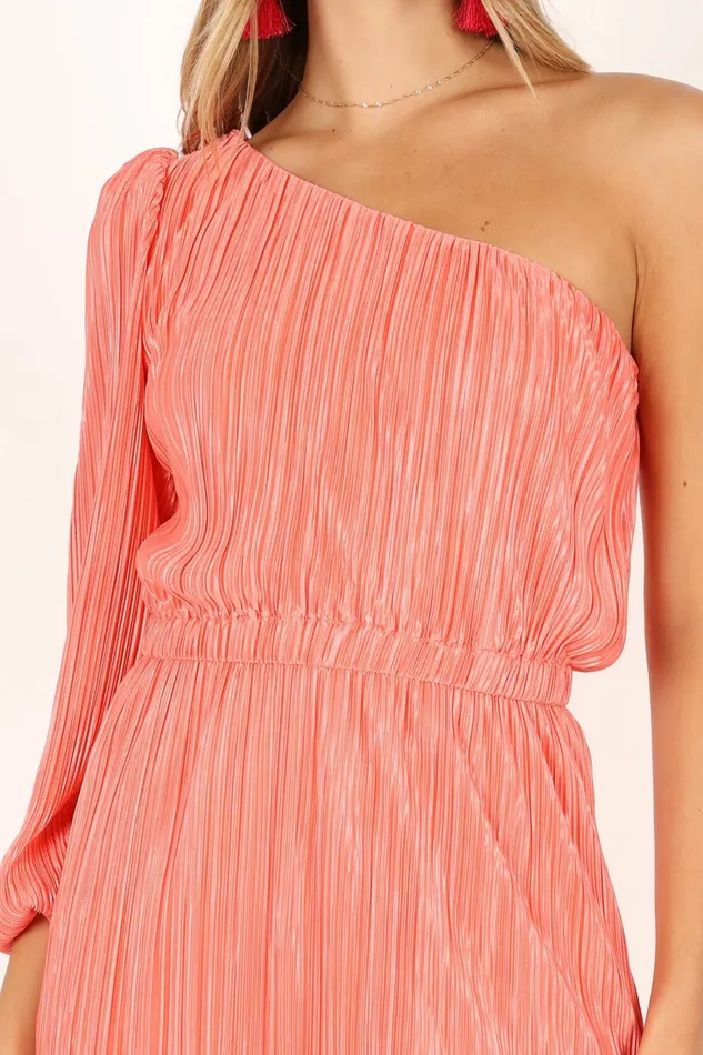 Long Sleeve Dresses Pontee One Shoulder Pleated Midi Dress Coral 8211 Petal and Pup Women
