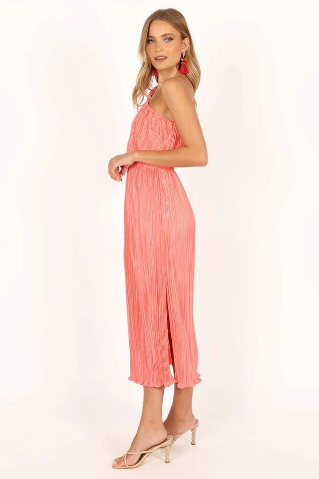 Long Sleeve Dresses Pontee One Shoulder Pleated Midi Dress Coral 8211 Petal and Pup Women
