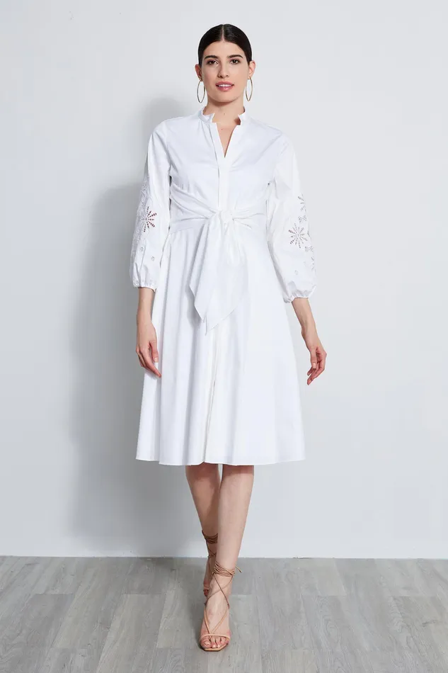 Long Sleeve Dresses Women Elie Tahari Embroidered Cotton Tie Dress WHITE