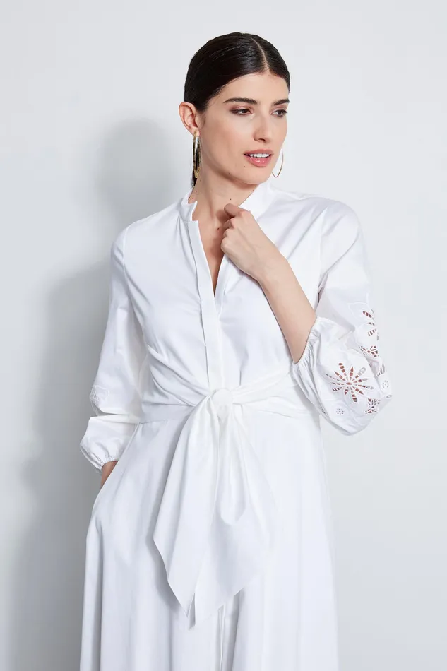 Long Sleeve Dresses Women Elie Tahari Embroidered Cotton Tie Dress WHITE