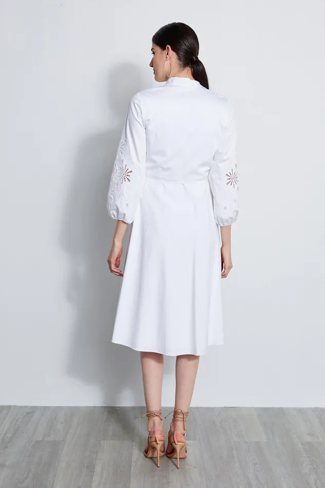 Long Sleeve Dresses Women Elie Tahari Embroidered Cotton Tie Dress WHITE