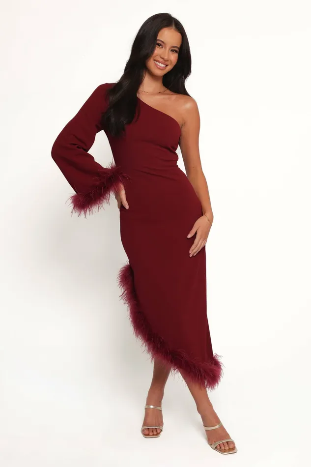 Long Sleeve Dresses Women Petal and Pup Dame One Shoulder Midi Dress Deep Wine