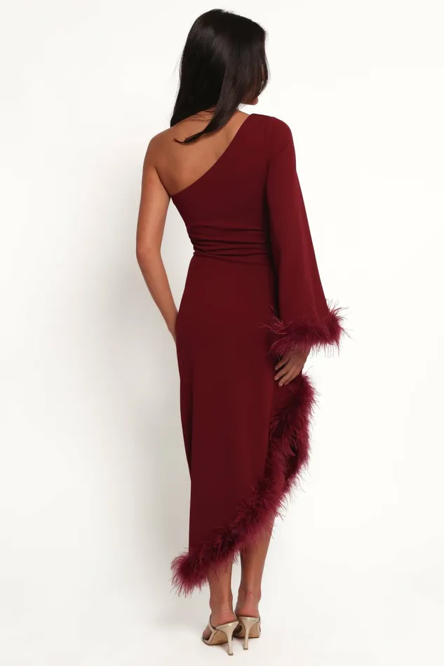 Long Sleeve Dresses Women Petal and Pup Dame One Shoulder Midi Dress Deep Wine