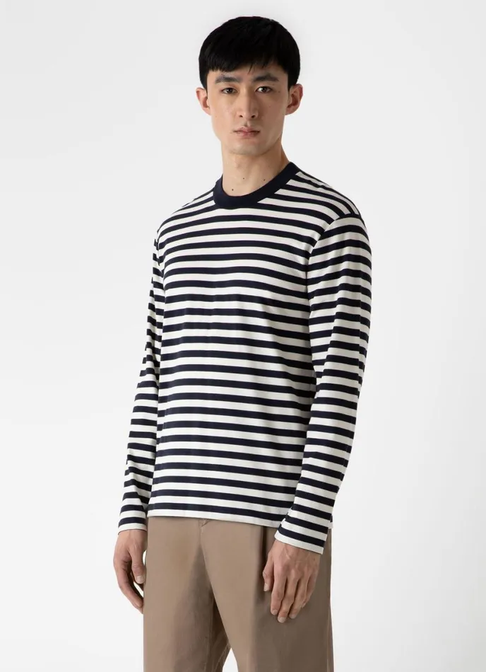 Long Sleeve Heavyweight Tshirt Navyecru Block Stripe Men SUNSPEL Tshirts
