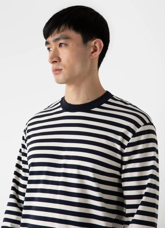 Long Sleeve Heavyweight Tshirt Navyecru Block Stripe Men SUNSPEL Tshirts