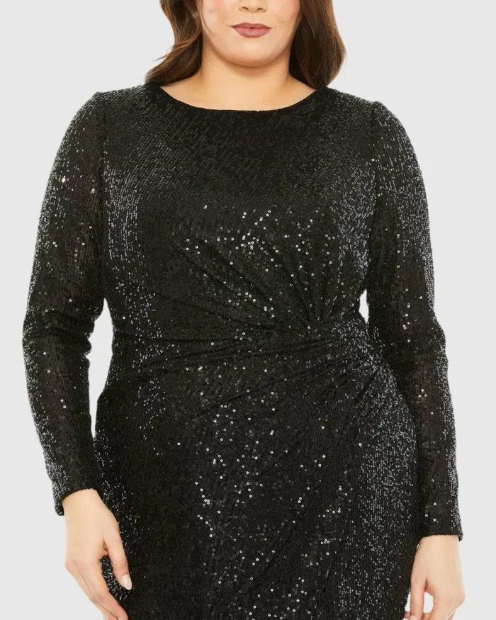 Long Sleeve Sequin Gathered Waist Dress Black Plus Size Dresses Mac Duggal Women Long Sleeve Sequin Gathered Waist Dress Black Plus Size Dresses Mac Duggal Women