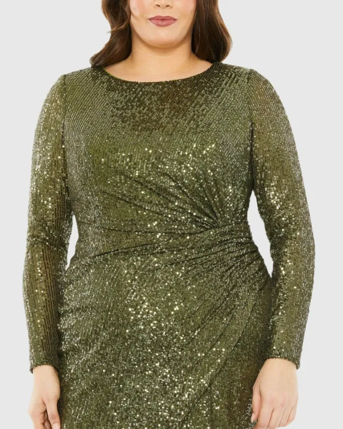 Long Sleeve Sequin Gathered Waist Dress Black Plus Size Dresses Mac Duggal Women Long Sleeve Sequin Gathered Waist Dress Black Plus Size Dresses Mac Duggal Women