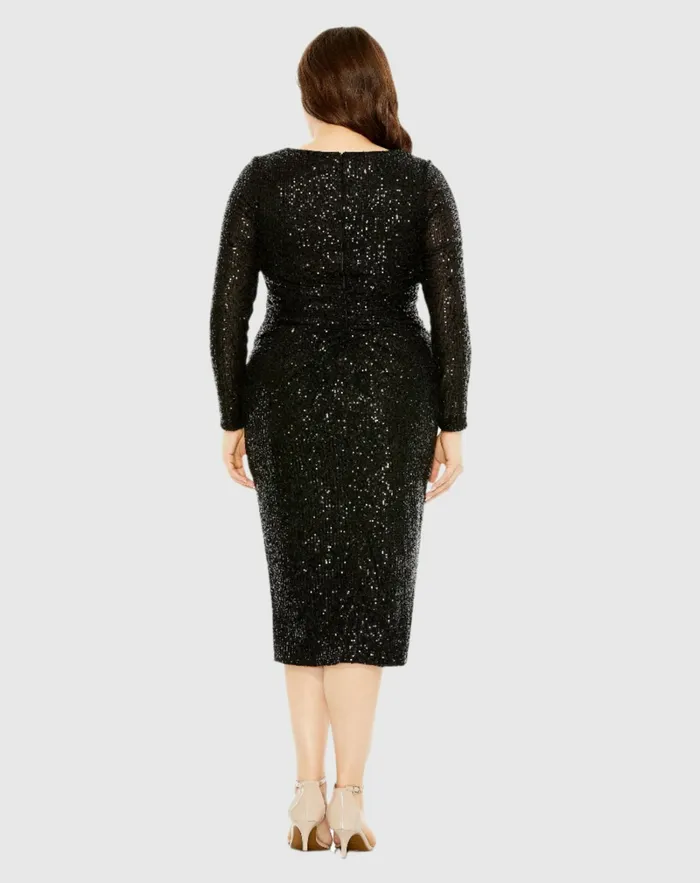 Long Sleeve Sequin Gathered Waist Dress Black Plus Size Dresses Mac Duggal Women Long Sleeve Sequin Gathered Waist Dress Black Plus Size Dresses Mac Duggal Women
