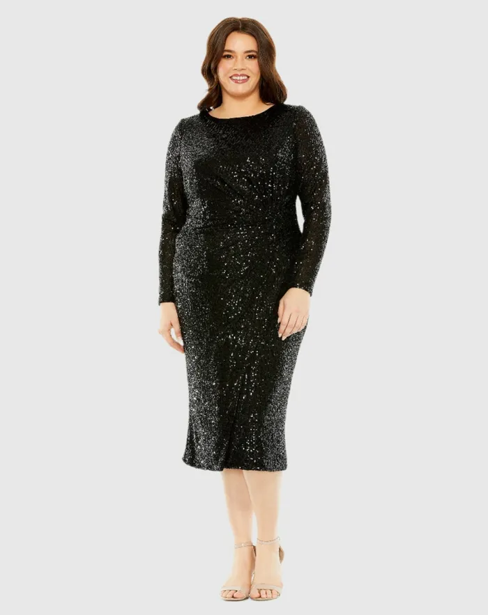 Long Sleeve Sequin Gathered Waist Dress Black Plus Size Dresses Mac Duggal Women Long Sleeve Sequin Gathered Waist Dress Black Plus Size Dresses Mac Duggal Women