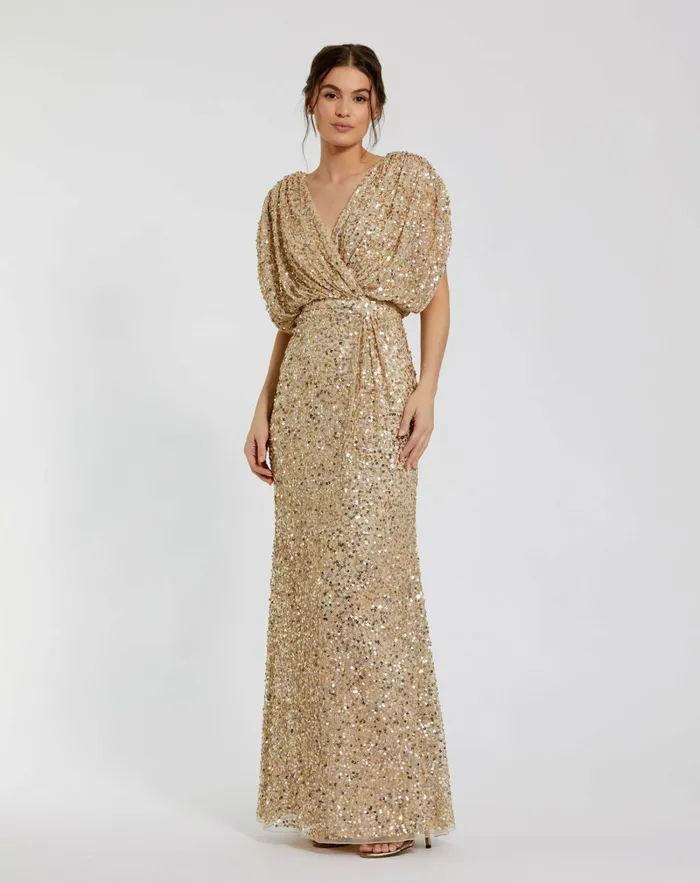 Mac Duggal Best Sellers Women Gold Draped Sleeve V Neck Gown Nude Gold