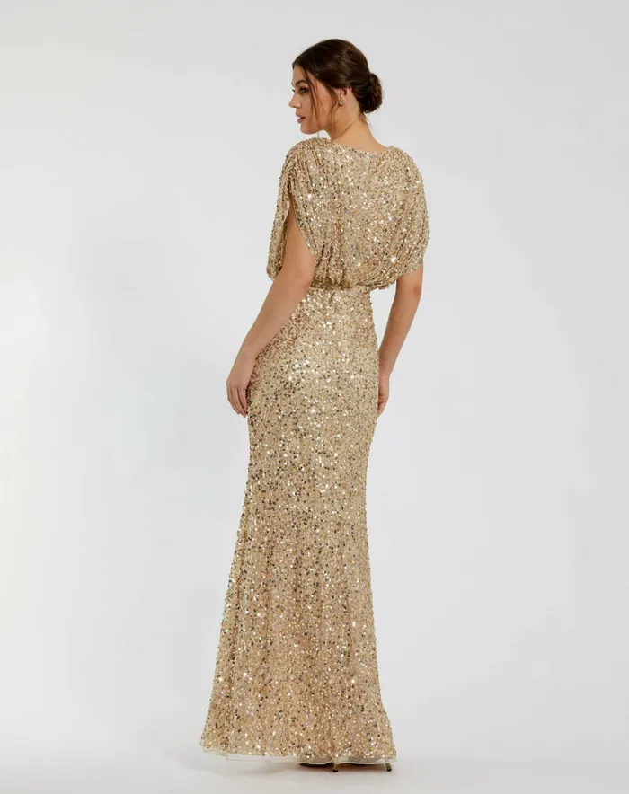 Mac Duggal Best Sellers Women Gold Draped Sleeve V Neck Gown Nude Gold
