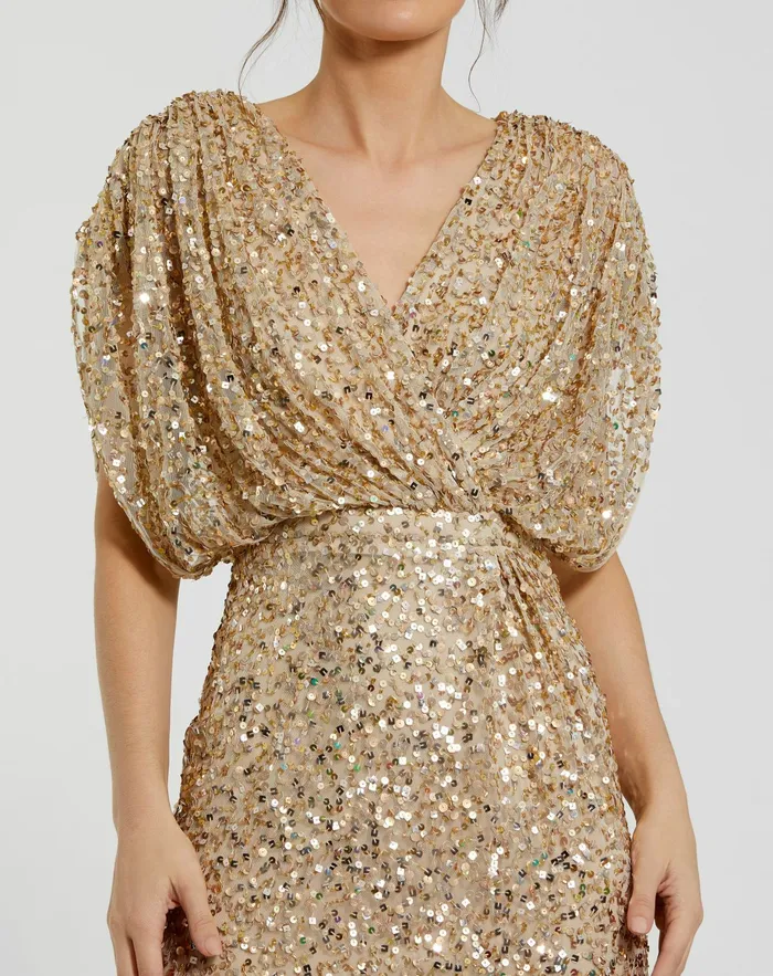 Mac Duggal Best Sellers Women Gold Draped Sleeve V Neck Gown Nude Gold