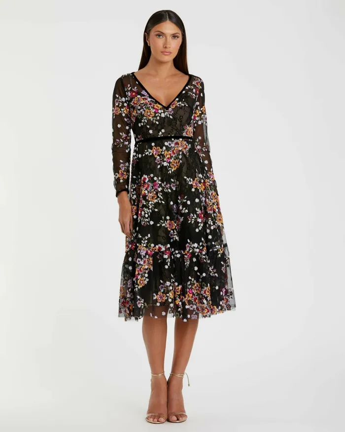 Mac Duggal Cocktail Dresses Women Black Floral Embroidered Tea Length Dress Black Multi Mac Duggal Cocktail Dresses Women Black Floral Embroidered Tea Length Dress Black Multi