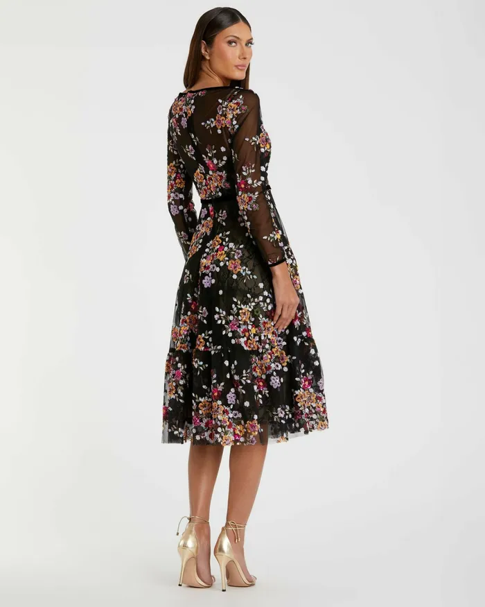 Mac Duggal Cocktail Dresses Women Black Floral Embroidered Tea Length Dress Black Multi