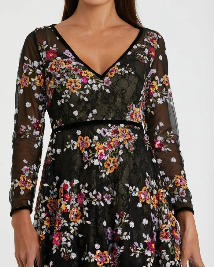 Mac Duggal Cocktail Dresses Women Black Floral Embroidered Tea Length Dress Black Multi