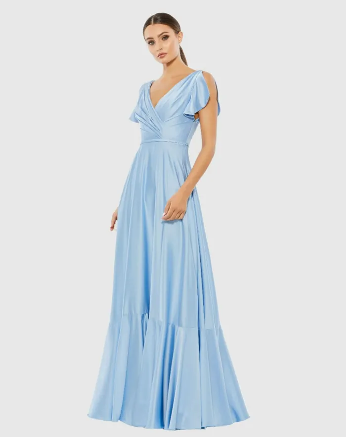Mac Duggal Evening Gowns Women Flounce Sleeve Satin Gown Periwinkle