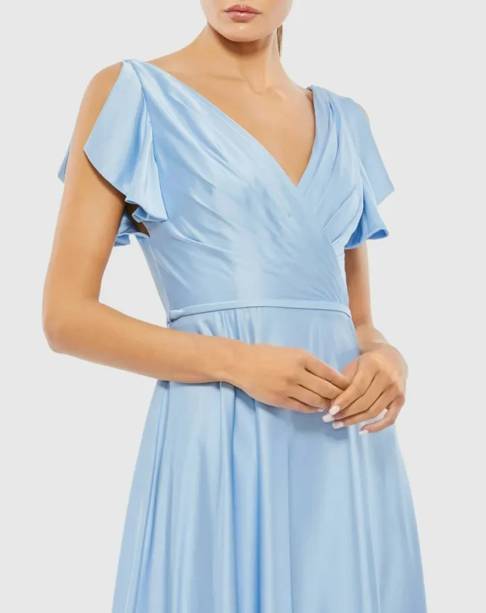 Mac Duggal Evening Gowns Women Flounce Sleeve Satin Gown Periwinkle