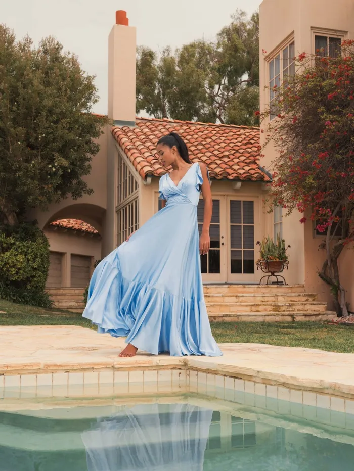 Mac Duggal Evening Gowns Women Flounce Sleeve Satin Gown Periwinkle