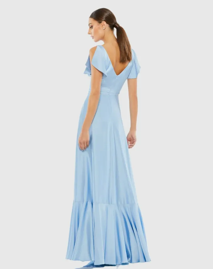 Mac Duggal Evening Gowns Women Flounce Sleeve Satin Gown Periwinkle