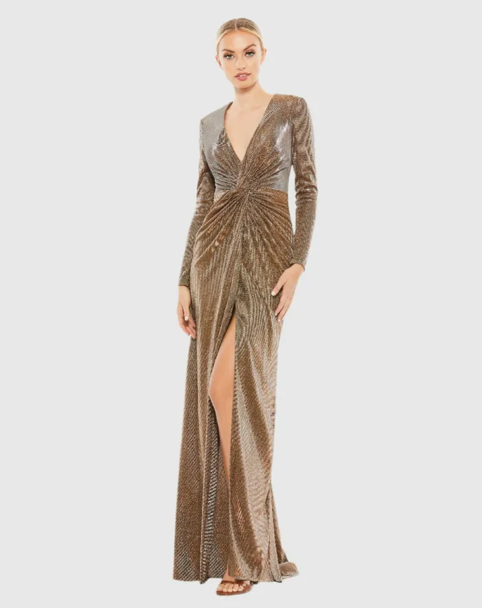 Mac Duggal Evening Gowns Women Front Twist V Neck Long Sleeve Gown Bronze