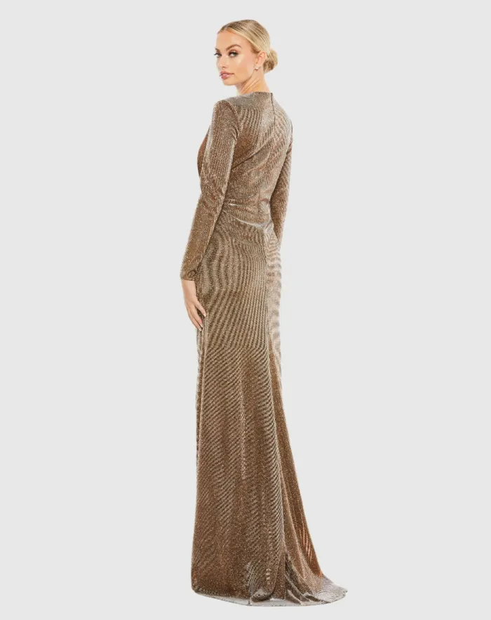 Mac Duggal Evening Gowns Women Front Twist V Neck Long Sleeve Gown Bronze