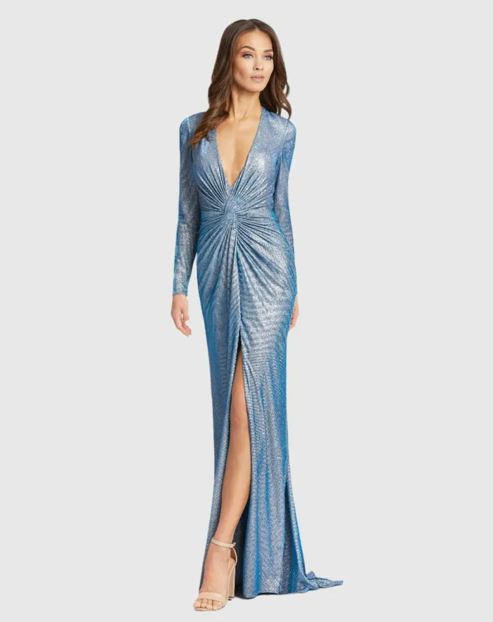 Mac Duggal Evening Gowns Women Front Twist V Neck Long Sleeve Gown Bronze